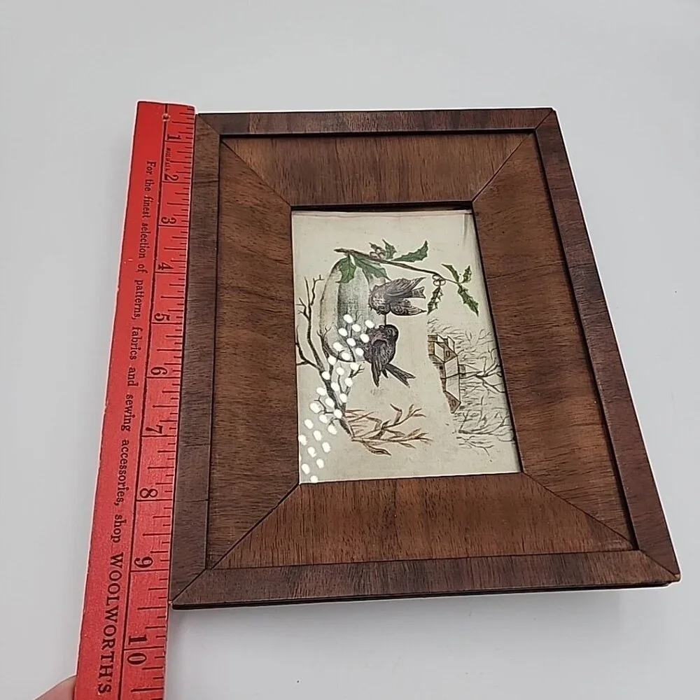 Vintage wood Framed Art Sketch Drawing Birds Building Tree 9.5x7.5